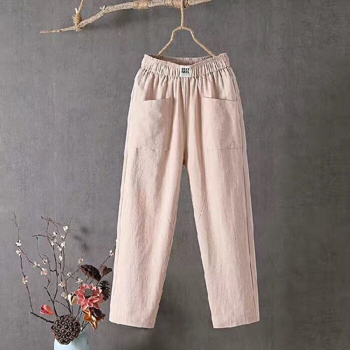 Leisure pants made of cotton and linen with elastic waist.