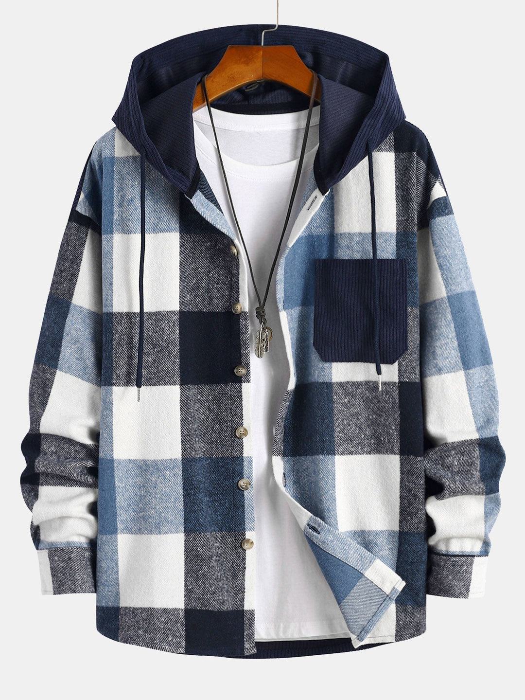 Relax Fit Flannel Plaid Corduroy Patchwork Hooded Shirt