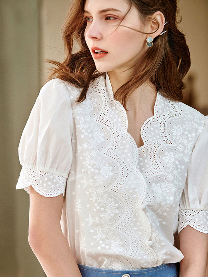 Eva Retro V-neck Embroidered Chiffon Shirt