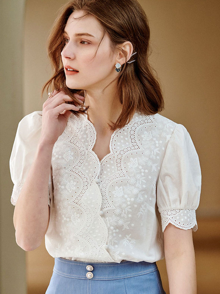 Eva Retro V-neck Embroidered Chiffon Shirt