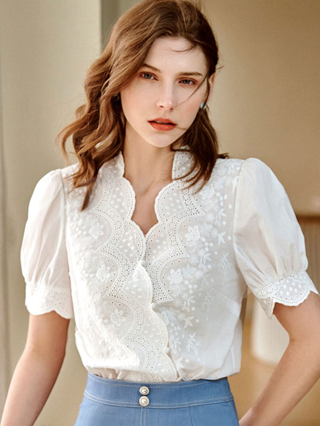 Eva Retro V-neck Embroidered Chiffon Shirt