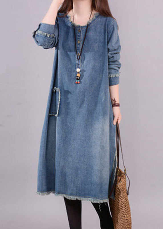 Art Blue O-Neck Pockets Button Denim Fall Long sleeve Dress