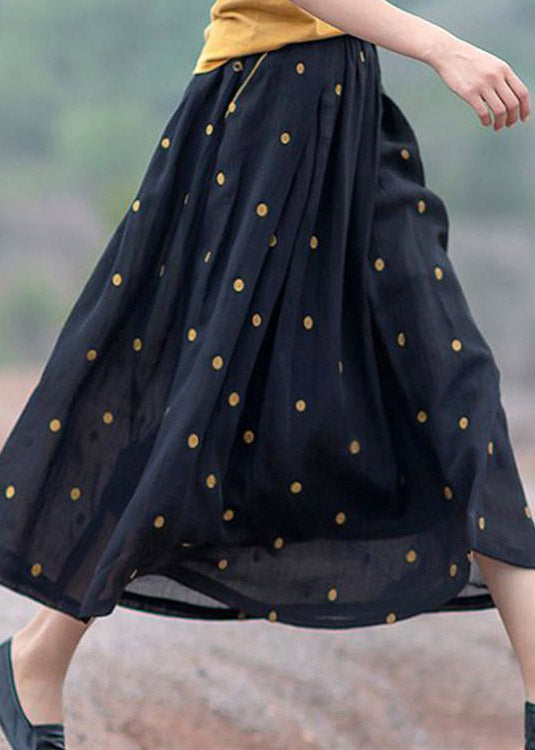 Retro Chocolate Dot Print Pockets Linen Skirt Summer