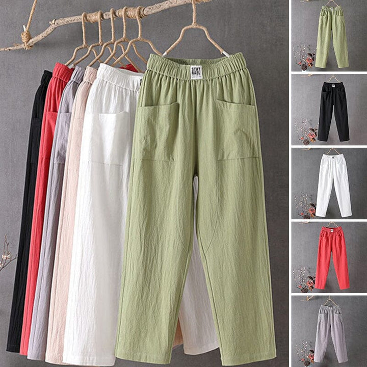 Leisure pants made of cotton and linen with elastic waist.