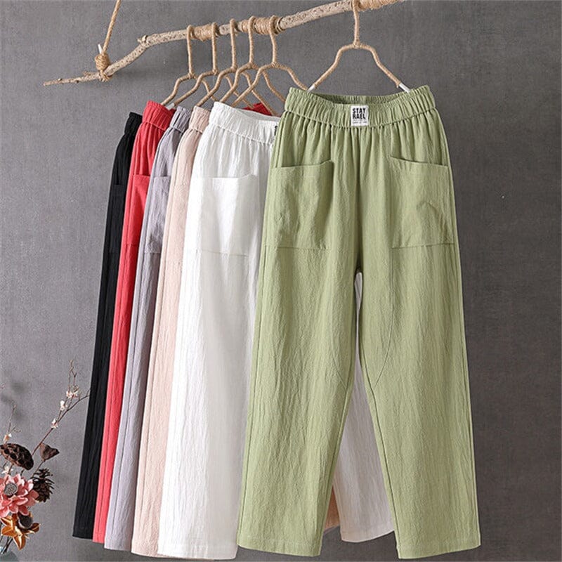 Leisure pants made of cotton and linen with elastic waist.